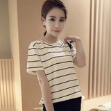Toloer New Summer 2024 Korean Version Loose Large-Size Striped Short-Sleeved T-Shirt Women's Top Bottom Shirt Women's
