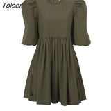 Green O Neck Casual Women Dress Lantern Short Sleeve Solid Pink Mini Dress Ladies Elegant A Line Summer Dresses Cotton
