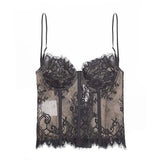 Black Lace Trim Sheer Tank Tops For Women Square Collar Sleeveless Slim Sexy Vests Female Korean Fashion