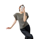 Folded Summer Korean Version Of The Shape Of The Round Collar Folded Short-Sleeved T-Shirt For Women's Relaxed Leisure Pure Color