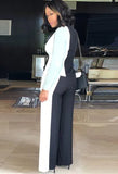White and Black Contrast V-Neck Blouse and Pants 2 Piece Formal
