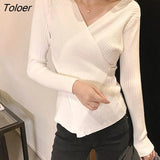 2023 Spring Autumn Ribbed V-neck Pullover Women Basic Solid Color Knitted Sweater Woman Slim Fit Long Sleeve Jumper
