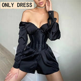Sexy Women V Neck Mini Bodycon Corset Blouse Dress Party 2020 Fashion Night Club Ladies Black White Long Sleeve