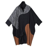 Women Black Striped Split Big Size Long Dress New Lapel Long Sleeve Loose Fashion Tide Spring Autumn 2023