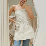 Sexy White Dress For Women Strapless Sleeveless High Waist Patchwork Floral Solid Mini Dresses Female Summer