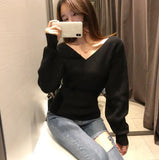 Fashion Sexy Cross V-Neck Women's Sweaters Autumn Winter Bottoming Slim Female Jumper Casual Solid Bodycom Beige Grey