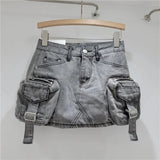 Women's Denim Skirt Solid Color Washed 3d Pockets Design A-line High Waist Cargo Mini Skirt 2024 Summer New Fashion 29L6995-Outfit