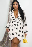 White and Black Print Deep-V Long Sleeve Party