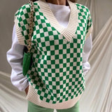 Casual Argyle Women's Vest Knitted Sleeveless Sweater Top For Women 2021 Autumn New V-Neck Pullover Vest Y2k