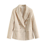 Women's Spring And Autumn Fashion Double Buckle Flowers This Lattice Suit Jacket Retro Long-Sleeved Pocket Suit