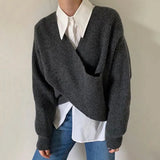 Party Sannian Autumn Women Sweater Simple V-neck Crossover Design Sense Versatile Loose Casual Solid Color Knit Sweater Ladies