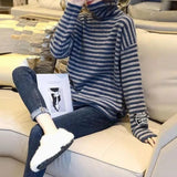 Loose Fashion Striped Spliced Sweaters Autumn Winter Casual Thick Warm Turtleneck Korean All-match Knitted