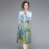 Spring Femme Boho Flower Print Dress Single-breasted Bow Neck Lantern Sleeve Midi Robe 2021 Runway Design Vestido