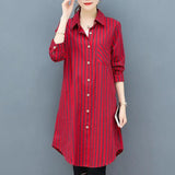 Korean Midi Striped Print Shirt for Female Turn-down Collar Single-breasted Fashion Long Sleeve Blouse Women's Clothing-Outfit