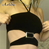 Elegant Metal Buckle Halter Crop Top for Women Outfits Summer Sexy Backless Lace Up Top Cropped Streetwear