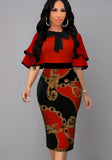 Printed Vintage Bow Short Sleeves Cascading Ruffle Pencil Midi