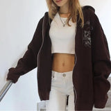 Y2K Sweatshirt Winter Jacket Clothes Brown Zip Sweatshirt Oversized Hoodie Women's XL Retro Pocket Long Sleeve Pullover