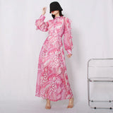 Spring Print Dress For Women Lapel Long Sleeve High Waist Colorblock Midi Dresses Female Fashion Clothing Style