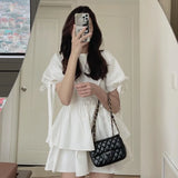 Dresses Woemn Lace Up Ruffles Patchwork Puff Short Sleeve Solid Korean Fashion Spring Summer Ladies Dress Casual-Outfit