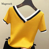 Women Blouse 2021 V-Neck Contrast Color Striped Top Tops Clothes Knitted Short Sleeve Shirt Femme Camisetas Mujer