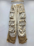 Women's Jeans High Washed Khaki Gradient Multiple Pockets Cargo Wide Leg Cool Denim Pants 2024 Summer New Fashion 29L4140-Outfit