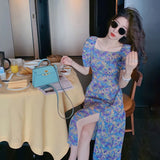 Sleeve Dresses Women Elegant Summer Design Lovely Aesthetic Print Vintage Ins Square Collar Side Slit Artistic Party