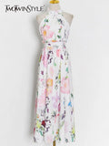 Print Colorblock Dress For Women Halter Sleeveless High Waist Midi A Line Dresses Female 2022 Summer Fashion