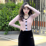 Women Elegant Fairycore Knitted Tops Long Sleeve T-shirt V Neck Hollowed Out Bowknot Slim Fit Pullovers Fall Clubwear-Outfit