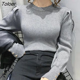 Elegant Puff Sleeve Sweaters Women Autumn Winter Metal Buttons Knitted Pullovers Woman 2023 Solid Color Women's