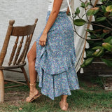 Bohemian Black Ruffle Hem Wrap Floral Print Skirts Women Summer Elastic High Waist Ladies Irregular Long Skirt