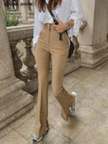 Spring High Waist Slim Side Cuff Slit Flare Pants Women Trousers Package Hips Stretch Pants Khaki Black-Outfit