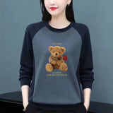 and Autumn Women's Pure Cotton Round Neck Sweater Spliced Large Long Sleeve Printed Solid Color Pullover T-shirt Tops-Outfit