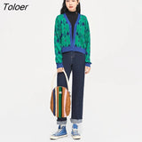 Women Knit Cardigan 2022 Autumn Long Sleeves V Neck Loose Sweaters Graphic Print Klein Blue Green Casual Chic