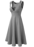 Sexy V-neck Sleeveless Solid A-line Midi