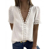 Patchwork V-neck Solid Women Chiffon Blouse Short Puff Sleeve Loose Ladies Blouses Summer Casual Female Tops 2021