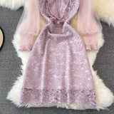 Dot Mesh Lantern Sleeve Stitching Embroidery Dress Women's See Through Purple Hollow Out Lace Midi Vestidos