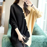 Button Solid Color Spliced Sweaters Casual Autumn Irregular Fashion Batwing Sleeve Loose Knitted Jumpers Women's