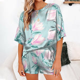 Womens Silk Satin Pajamas Pyjamas Set Short Sleeve Sleepwear Pajamas Suit Female Sleep Two Piece Set Loungewear Home