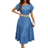 Fashion Casual Pure Color Simple Round Neck Short Sleeve Long Dress Woman Without
