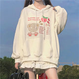 Lolita Mori Girl Harajuku Kawaii Hoodie With Long Rabbit Ear Cap Women Cute Bear Print Thin Sweatshirt Street Fashion