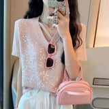 Short Sleeve V-Neck Women's Clothing Solid Color T-shirt Pullover Beaded Sequined All-match Elegant Flattering Tops-Outfit