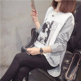 Striped Patchwork Split Shirt Korean Loose Spring Autumn Long Sleeve Female Clothing Casual Printed Round Neck