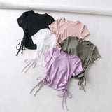 Side Drawstring Tie Up Ruched Tank Tops Women Solid Color Slim Crop Top Ladies Streetwear Ribbed Knitted Tees 2023-Outfit