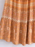 BOHO Orange Flower Print Long Skirt Spliced Ruched Ruffle Hem Hippie Women Ball Tassel Bow Waist Swing Skirts Holiday-Outfit