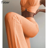 Summer Chic Women Fashion Elegant Casual Low Cut Sexy Solid Top 2 PCS Ruched Crop Top & High Waist Long Pants