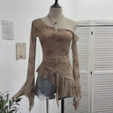 Tie Tie Net Yarn Oblique Shoulder Babes Sexy Body-On-Sleeve Horn Irregular Top