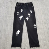 New Crowne Loose Printed Jeans Cross Leisure Straight Tube Loose White Washed Trousers-Outfit