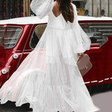 Summer New Women's V-Neck Fashion Bubble Sleeve Mesh Perspective