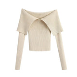 Women Fashion With Exposed Shoulders Fitted Knitted Sweater Vintage V Neck Long Sleeve Female Pullovers Chic