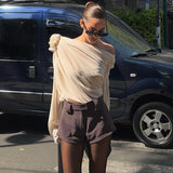 Women's Chiffon Blouse Tops Loose Fitting One Shoulder Slash Neck 3D Rose Flower Ruched Lantern Long Sleeve Shirts-Outfit